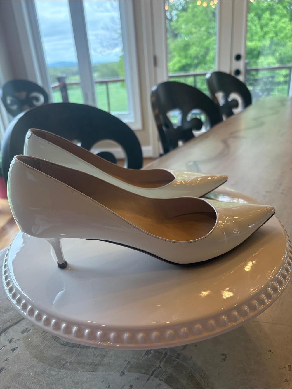 Jimmy Choo Cream Patent Pointed-Toe Kitten Heels